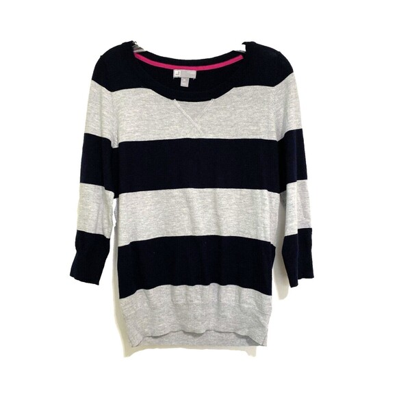JCP Pullover Sweater Top Womens Size M Black Striped Cashmere Blend Sleeve 3/4 - Picture 1 of 14
